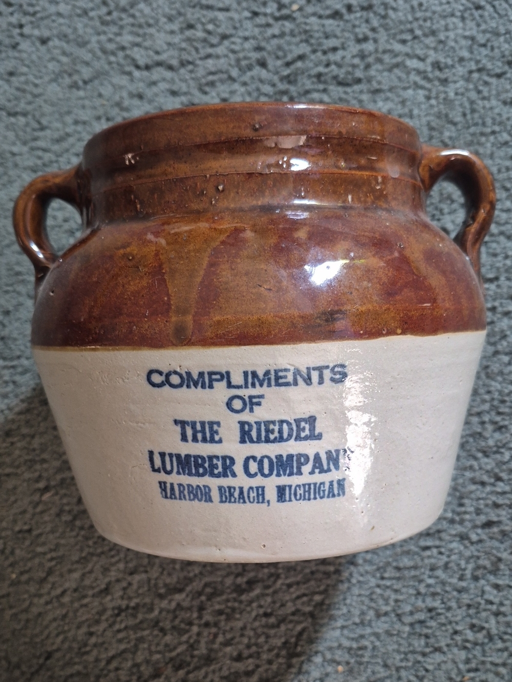 Vintage Red Wing Bean Pot, Marked Riedel Lumber Company, Harbor Beach Michigan.